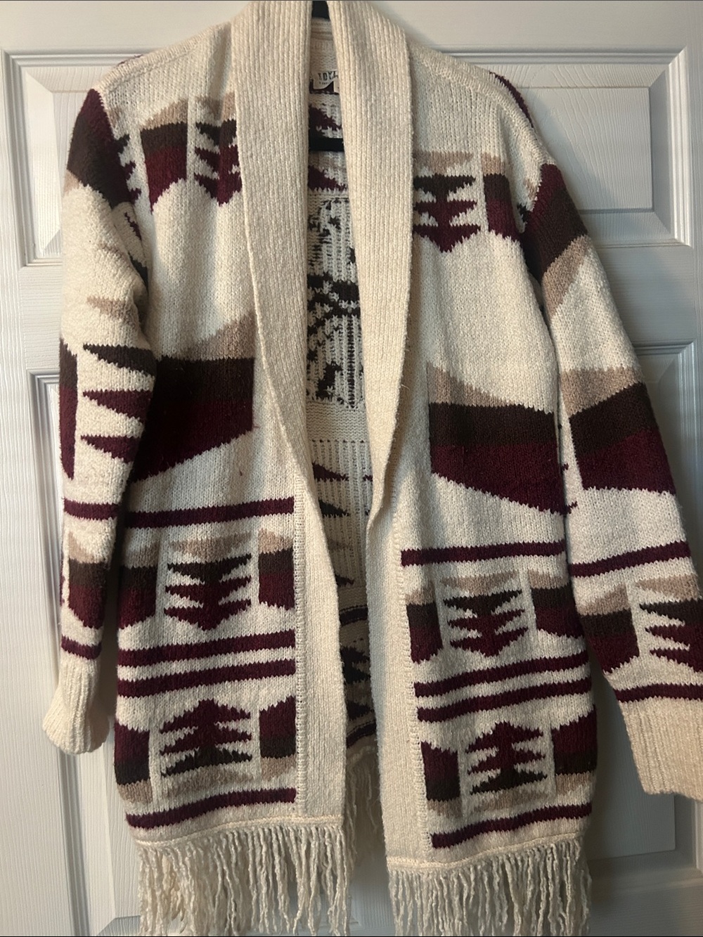 Idyllwind Cream Cardigan with Burgundy and Tan Aztec Motif